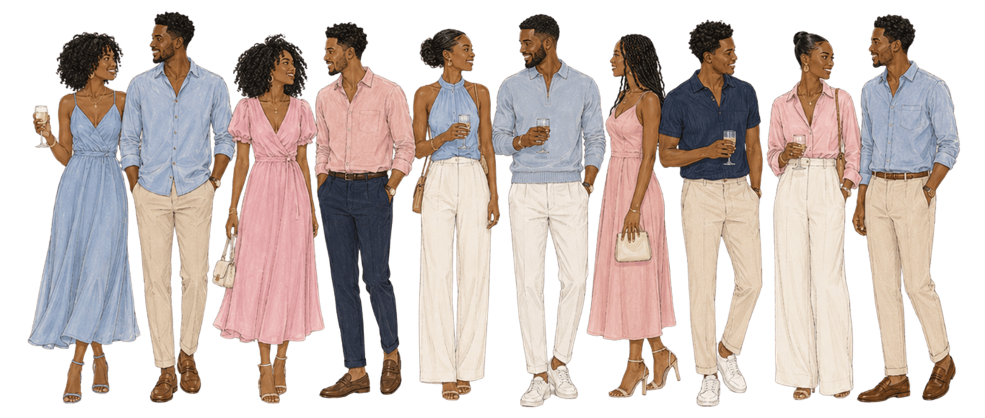 Guests in blue and pink smart casual outfits